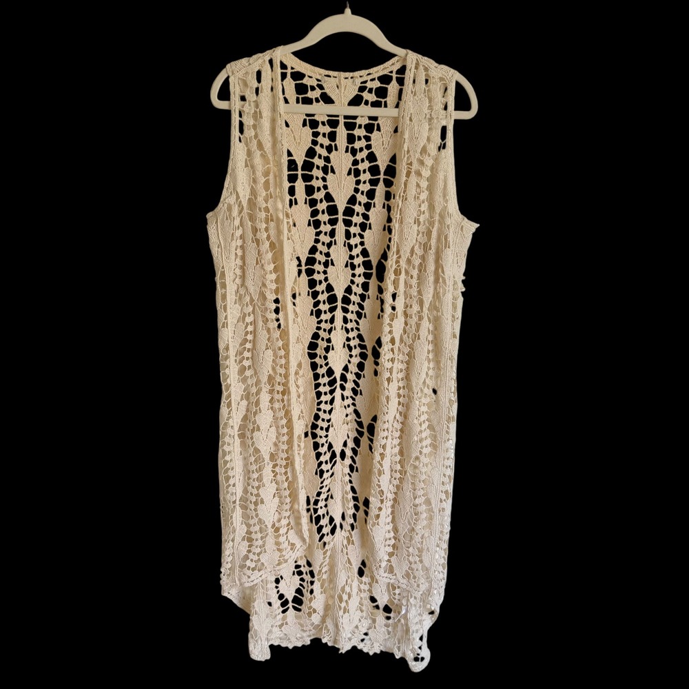 One size Cream Crochet Lace Longline Vest Cotton Open Front Boho Sleeveless